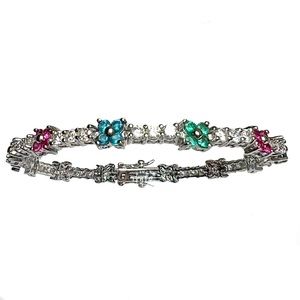 FANCY 10K White Gold Plated Pink Green Blue Flowers Crystal Tennis Bracelet